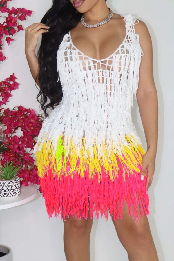 Pink Sexy Solid Tassel Patchwork Asymmetrical Swimwears Cover Up