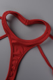 Red Sexy Solid Hollowed Out Patchwork Asymmetrical Halter Sleeveless Two Pieces
