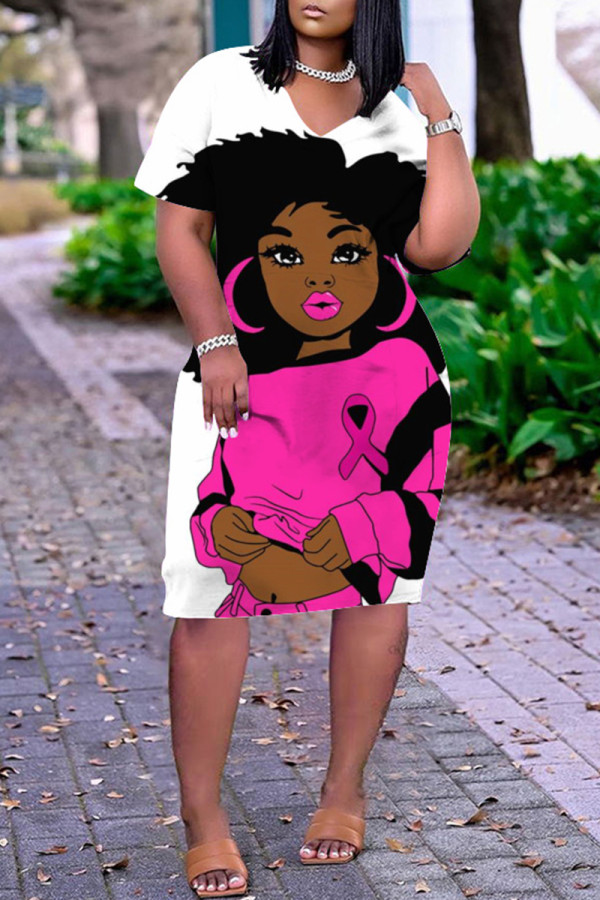 White Pink Fashion Casual Print Basic V Neck Short Sleeve Dress