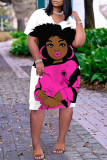 Black Pink Fashion Casual Print Basic V Neck Short Sleeve Dress