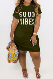 Deep Blue Fashion Casual Letter Print Basic O Neck Short Sleeve Dress