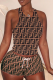 Brown Sexy Print Patchwork O Neck Sleeveless Two Pieces
