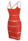 Red Sexy Striped Print Patchwork Spaghetti Strap One Step Skirt Dresses