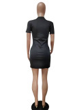 Deep Blue Fashion Casual Letter Print Basic O Neck Short Sleeve Dress