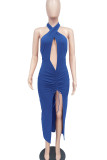 Pink Sexy Solid Hollowed Out Patchwork Slit Fold Halter Straight Dresses