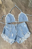 Light Blue Fashion Sexy Solid Bandage Backless Halter Sleeveless Two Pieces