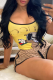 Yellow Casual Print Letter Spaghetti Strap Sleeveless Two Pieces