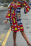 Red Casual Print Patchwork V Neck Straight Dresses