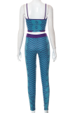 Cyan Sexy Print Patchwork Spaghetti Strap Sleeveless Two Pieces