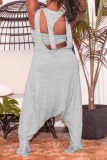Grey Casual Solid Hollowed Out U Neck Plus Size Two Pieces