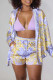 Purple Casual Print Patchwork Buckle Turndown Collar Long Sleeve Two Pieces