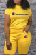 Yellow Casual Print Letter O Neck Short Sleeve Two Pieces