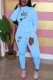 Light Blue Casual Letter Print Patchwork O Neck Long Sleeve Two Pieces