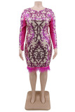Pink Adult Elegant Print Sequins O Neck Pencil Skirt Plus Size