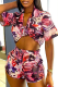 Red Casual Print Patchwork Turndown Collar Short Sleeve Two Pieces