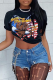 Black Fashion Print Patchwork O Neck T-Shirts