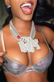 Silver Sexy Solid Patchwork Swimwears