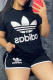 Black Fashion Casual Print Basic O Neck Short Sleeve Two Pieces