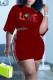Burgundy Casual Print O Neck Short Sleeve Two Pieces
