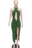 Pink Sexy Solid Hollowed Out Patchwork Slit Fold Halter Straight Dresses