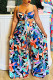 Blue Sexy Print Patchwork Spaghetti Strap Two Pieces