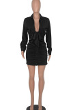 Green Sexy Solid Bandage Patchwork Buckle Fold V Neck Pencil Skirt Dresses