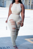 Apricot Sexy Casual Solid Ripped Hollowed Out O Neck Sleeveless Two Pieces