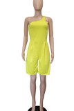 Yellow Casual Solid Patchwork Oblique Collar Straight Rompers