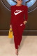 Wine Red Fashion Print Basic O Neck Long Sleeve Two Pieces