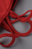 Red Sexy Solid Hollowed Out Patchwork Asymmetrical Halter Sleeveless Two Pieces