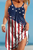 Blue Red Fashion Casual Print Basic O Neck Vest Dress
