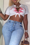 White Fashion Print Slit V Neck T-Shirts