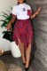Red Fashion Casual Plaid Patchwork Letter O Neck Short Sleeve Two Pieces