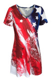 Red Casual Print Patchwork V Neck Straight Dresses