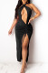 Black Sexy Solid Hollowed Out Patchwork Slit Fold Halter Straight Dresses