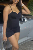 Black Sexy Solid Patchwork Spaghetti Strap Skinny Rompers