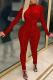 Red Casual Print Patchwork Half A Turtleneck Skinny Jumpsuits