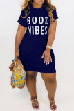 Deep Blue Fashion Casual Letter Print Basic O Neck Short Sleeve Dress