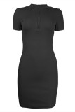 Ink Green Fashion Casual Solid Basic Zipper Collar Short Sleeve Dress