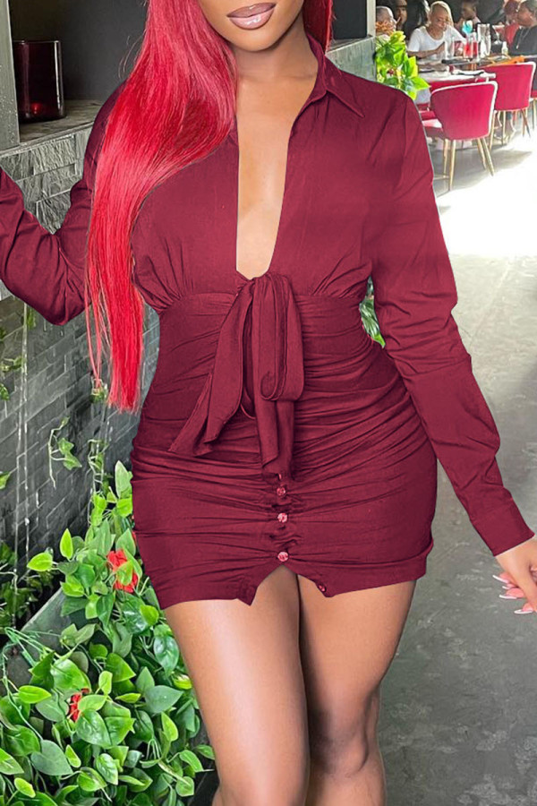 Burgundy Sexy Solid Bandage Patchwork Buckle Fold V Neck Pencil Skirt Dresses
