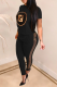 Black Casual Print Patchwork O Neck Short Sleeve Two Pieces