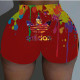 Red Fashion Casual Letter Print Basic Skinny Mid Waist Shorts