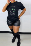 Black Fashion Street Print Patchwork O Neck T-Shirts