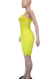 Yellow Casual Solid Patchwork Oblique Collar Straight Rompers