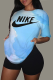 Blue Casual Patchwork Tie-dye Letter O Neck Tops