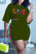 Army Green Casual Print O Neck Short Sleeve Two Pieces