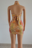 Yellow Fashion Sexy Print Backless Halter Sleeveless Two Pieces