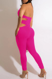 Rose Red Fashion Sexy Solid Hollowed Out Backless Halter Skinny Jumpsuits