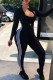Black Casual Print Patchwork Zipper Collar Skinny Jumpsuits