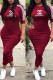 Burgundy Fashion Casual Print Patchwork O Neck One Step Skirt Dresses